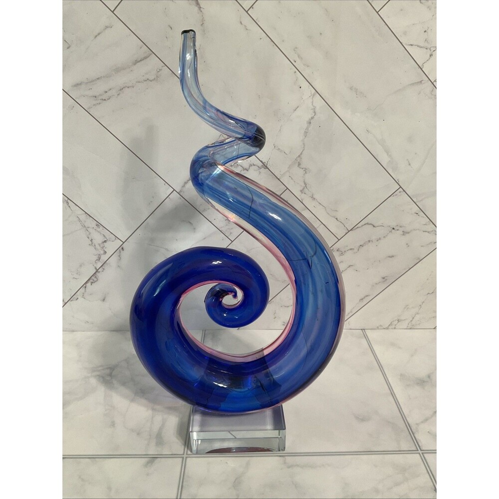 Abstract Art Glass twisted Sculpture Stunning Blue & Some Red,pink 9.75”
